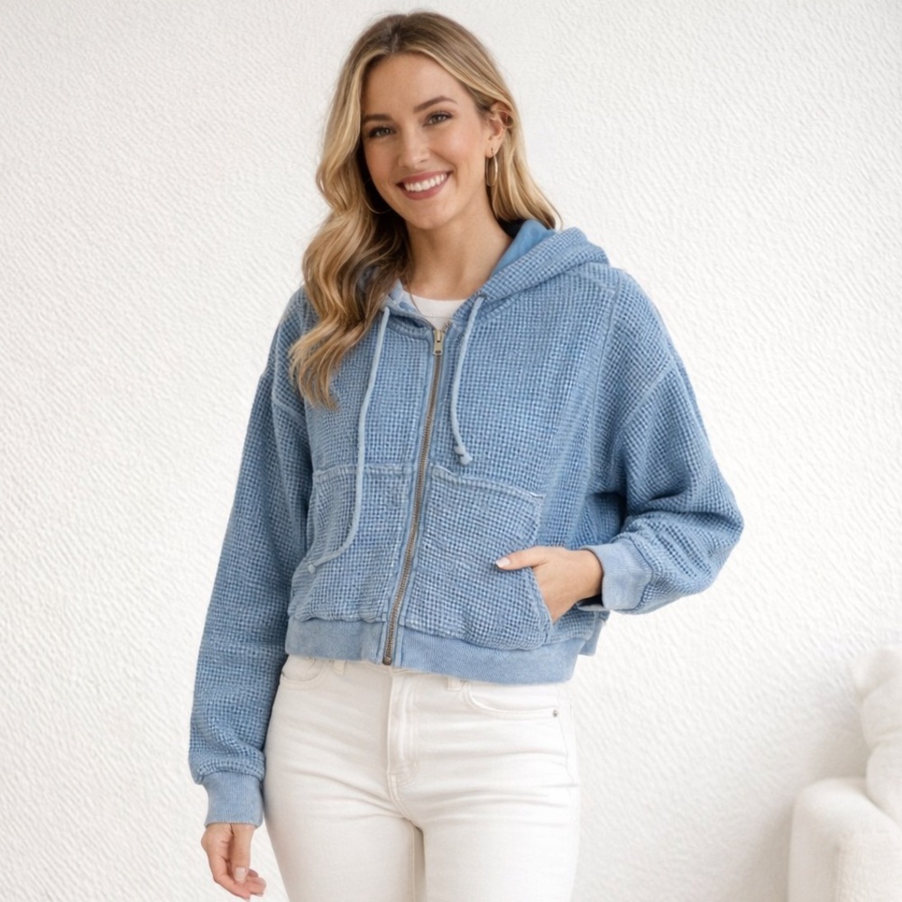 BDG Urban Outfitters Blue Waffle Knit Cropped Zip Hoodie Women’s S/P